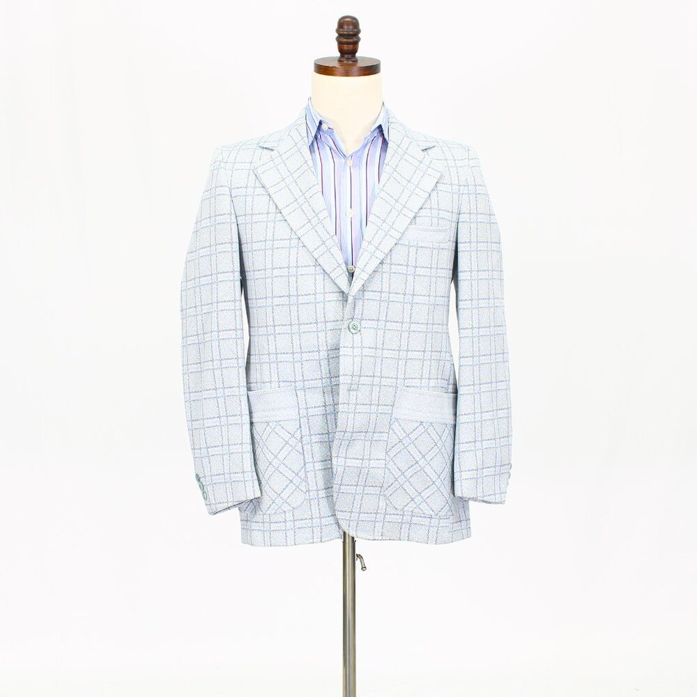 Vintage 1970s 40R Blue Check 2-Button Sport Coat Blazer Jacket T574